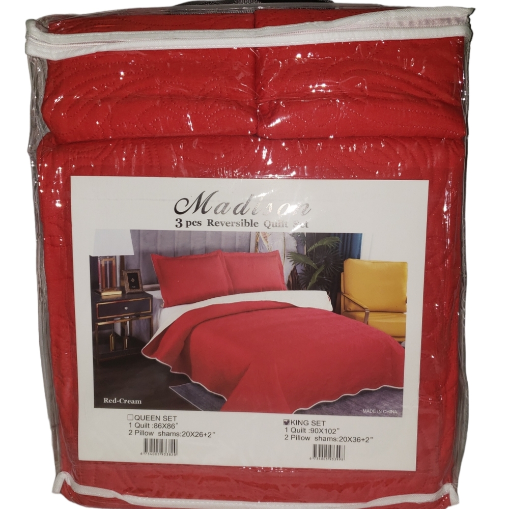 Madison 3 piece king reversible quilt set with 2 pillow shams - Red-White